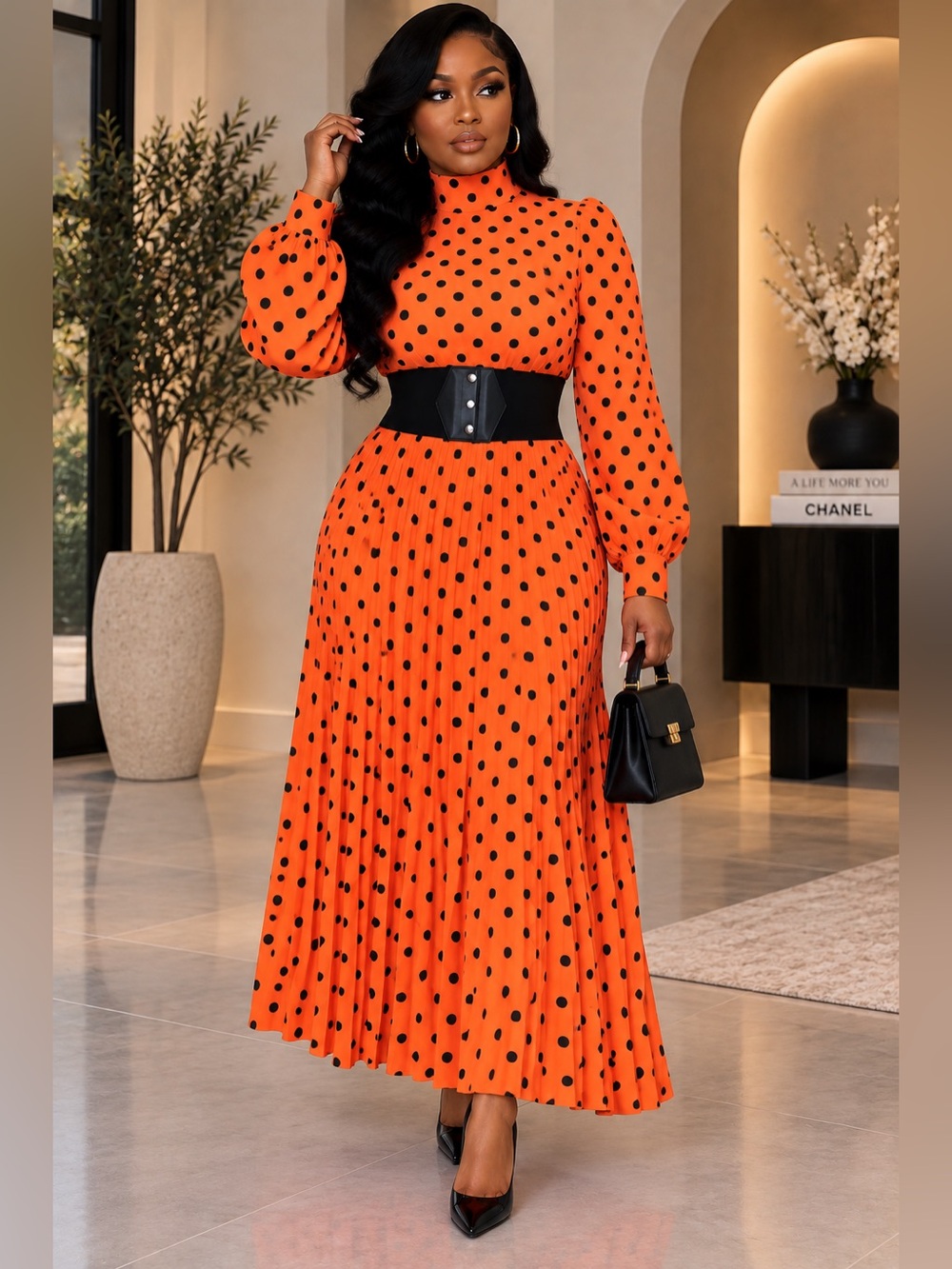 Orange Polka Dot Maxi Dress with Black Belt